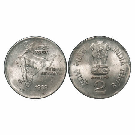 2 Rupees, 1998, Cu-Nic, 5.84g, Calcutta Mint, type D lion instead of large lion re engrave