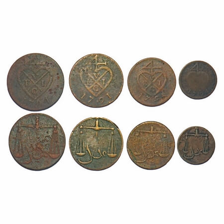 Bombay Presidency, Copper (4 Coins), 1) 2 Pice 1794 (P.Stevens 8.7/F.Prid 121), 2) 1 1/2 P