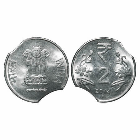 2 Rupees, 2014, FSS, 4.64g, Bombay Mint, Error, double Die Clip at 1 & 7 O'clock. Uncircul