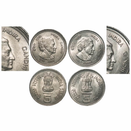 5 Rupees, 1985, Cu-Nic, 12.35g, &12.368g, (2 Coins), Indira Gandhi, Hyderabad Mint, die va