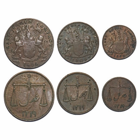 Bombay Presidency, Copper (3 Coins), Double Pice, Pice, Half Pice, Obv: Arms of East India