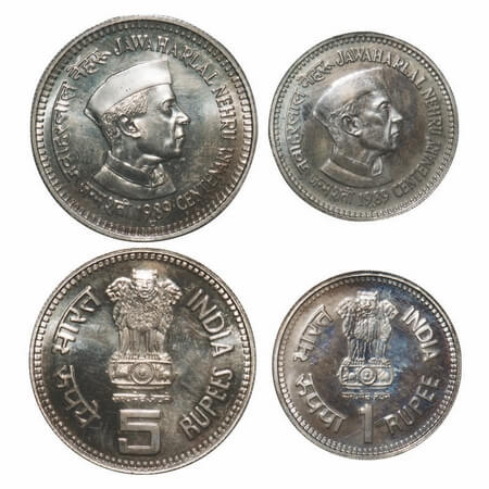5 Rupee & 1 Rupee, 1989, Cu-Ni, (2 Coins), Bombay Mint, 'U' mark under date, Jawaharlal Ne
