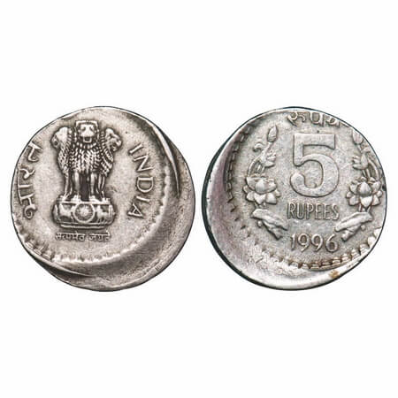 5 Rupees, 1996, Copper-Nickel, Kolkata Mint, die shift error. About very Fine, Scarce.