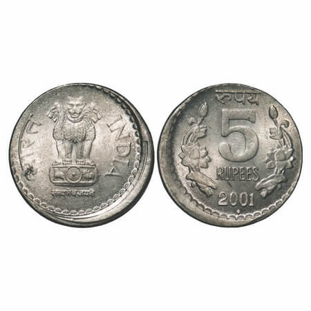 5 Rupees, 2001, Cu-Nic, 8.87g, Bombay Mint, Error, Misalligned Die on obverse and reverse.