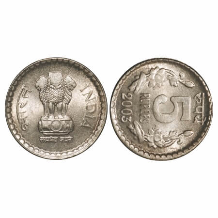 5 Rupees, 2003, Cu-Nic, 8.96g, Calcutta Mint, Error, Reverse die rotation 3 o'clock. Extre
