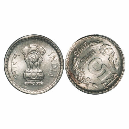 5 Rupees, 2003, Cu-Nic, 9.10g, Calcutta Mint, Error, Reverse die rotation 5 o'clock. Extre