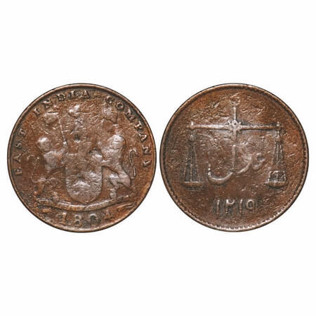 Bombay Presidency, Copper Double Pice, 6.38g, Pice, Obv: Arms of East India Company 1804, 