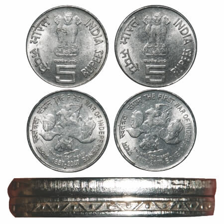 5 Rupese, 2007, FSS, 6.04 & 6.09g (2 Coins), The First War of Independence, Bombay Mint. E