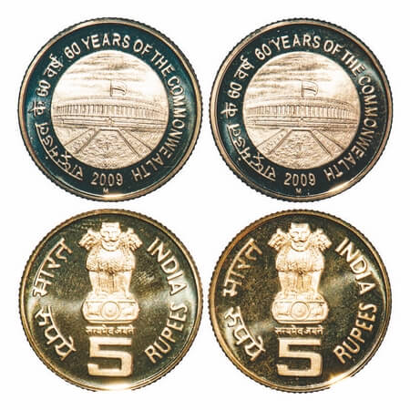 5 Rupees, 2009, Nickel-Brass, Proof, (2 Coins), 60 Years of the common wealth. Mumbai Mint