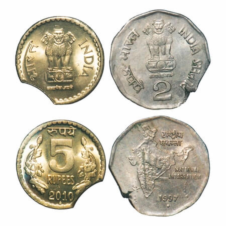 5 & 2 Rupees, 2010, 1997, Brass & Cu-Nic (2 Coins), 5.70/5.64g, Bombay Mint, Error, Die Cl