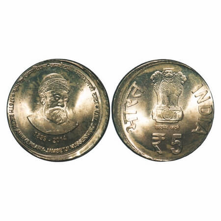 5 Rupees, 2014, Brass, 6.00g, Jamshetji Tata, Calcutta Mint, Error, Misalligned Die on obv