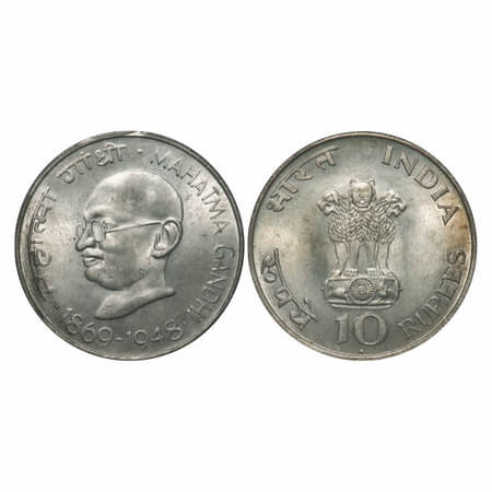 10 Rupees, 1969, Silver (80%), Mahatma Gandhi Centenary (1869-1948), Bombay Mint. Uncircul
