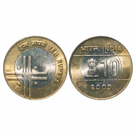 10 Rupees, 2005, Bimetal, 7.96g, Noida Mint. Uncirculated, Scarce.