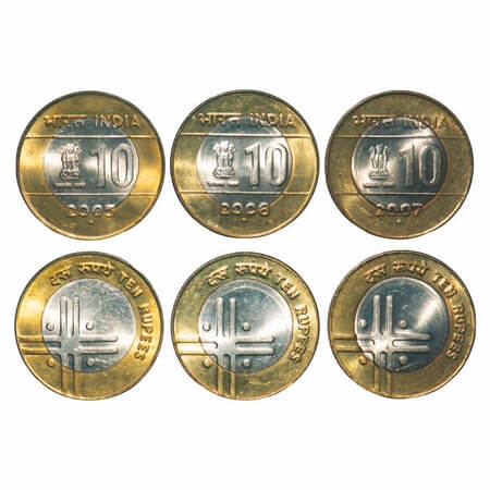 10 Rupees, 2005, 2006, 2007, Bimetal, (3 Coins), Cross depicting Unity and Diversity, Noid