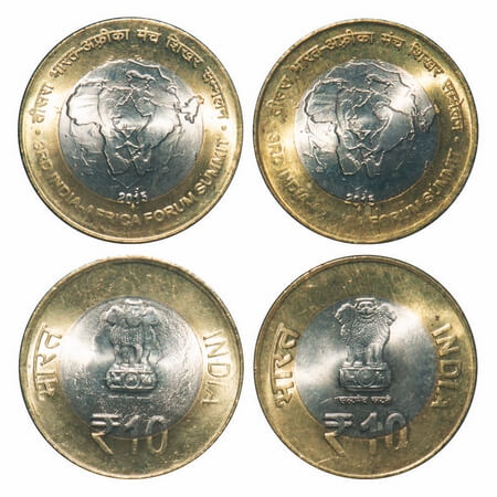 10 Rupees, 2015, Bimetal( 2 Coins), 7.63 &7.58g, 3 rd India Africa Forum Summit, 1) thick 