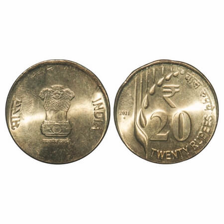 20 Rupees, 2021, Brass, 6.91g, Mumbai Mint, Error, struck on 5 re planq. Uncirculated, Sca