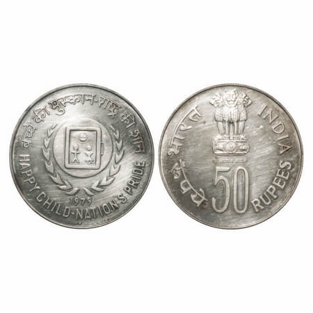 50 Rupees, 1975, Silver (80%), Unc, loose, Happy Child Nation's Pride, Bombay Mint. Unc, S