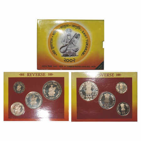 2002, Proof Set, 100, 50, 10, 2 Rupees, Sant Tukaram, Kolkatta Mint. S.Reddappa 23.40. Rar