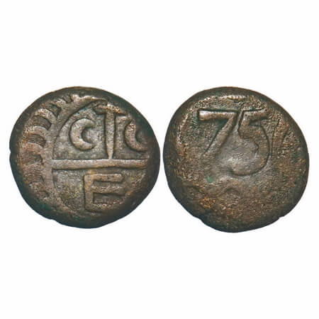 Madras Presidency, Copper Dudu, 5.87g, 1756 AD, Obv: Balemark with in wavy lines C C E, Re