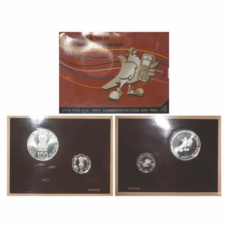 2004, Proof Set, 100 & 2 Rupees, 150 Years Telecommunications, Kolkatta Mint. S.Reddappa 2