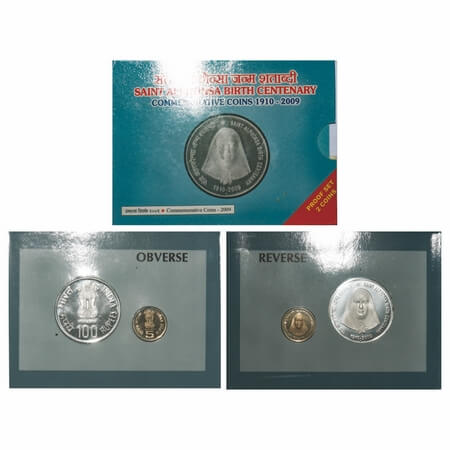 2009, Proof Set, 100 & 5 Rupees, Saint Alphonsa Birth Centenary, Mumbai Mint. S.Reddappa 2