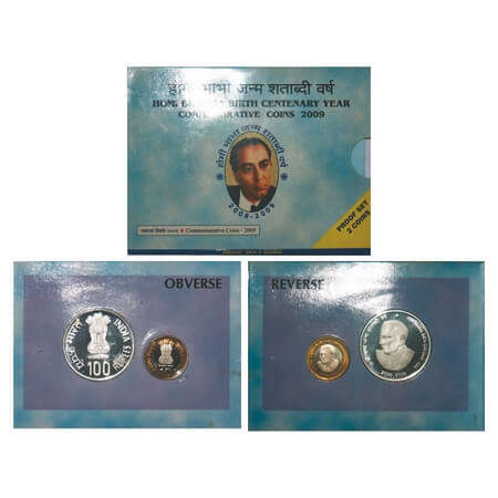 2009, Proof Set, 100 & 10 Rupees, Homi Bhabha Birth Centenary, Mumbai Mint. S.Reddappa 23.
