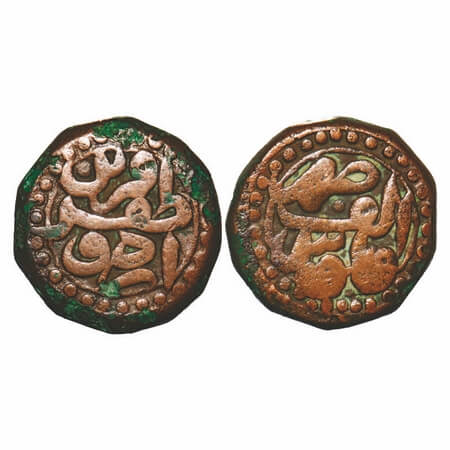 Akbar, Copper Dam, 19.93g, Urdu Zafar Qarin Mint, Alf. With dotted borders. KM 32.29. Very