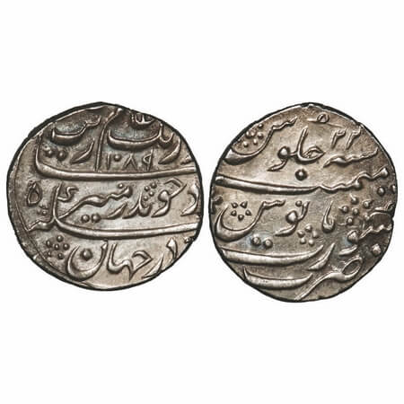 Aurangzeb, Silver Rupee, 11.50g, Surat Mint, AH 1089/22 RY, beautiful flower mint marks ov