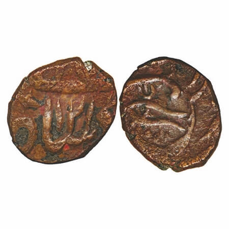 Maratha Confederacy, Copper ½ paisa, 6.58g, Akbarabad (Agra) mint, INO Shah Alam II, AH 12