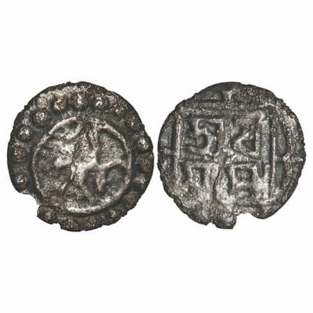 Tripura, Silver 1/16 Tanka, 0.55g, Dharma Manikya (SE 1636-1661 / 1714-1739 AD), Obv: Lion