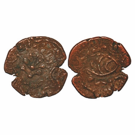 Dhar, Copper Paisa, 10.27g, broad flan, Obv: Peacock feathers, Rev: Fish like symbols. KM