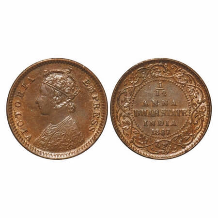 Dhar, Copper 1/12 Anna, 2.12g, Anand Rao III, 1887 AD, bust of Victoria Empress on obv. KM