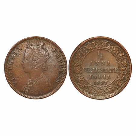 Dhar, Copper ¼ Anna, 6.34g, Anand Rao III (1860-1898 AD), 1887 AD, bust of Victoria Empres