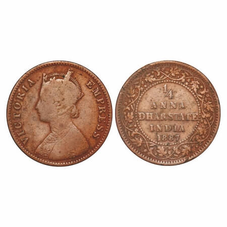 Dhar, Copper ¼ Anna, 6.37g, Anand Rao III (1860-1898 AD), 1887 AD, bust of Victoria Empres