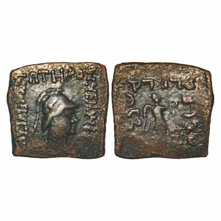 Indo Greek, Menander I, Copper Square Drachma, 5.01g, 19.02X20.02mm, Obv: Helmeted bust fo