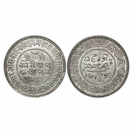Kutch, Silver 5 Kori, 13.91g, Khengarji III, INO George V, VS 1977/1921 AD, Edge: KUTCH BH