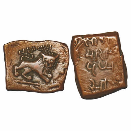 Lunawada, Copper Paisa, 7.39, Wakhat Singhji (VS 1924-1986/ 1867-1929AD), (VS 1949), Lion 