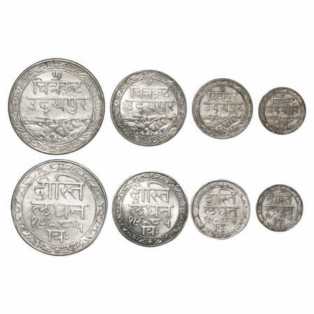 Mewar, Silver (4 coins), ½, ¼ , 1/8, & 1/16 Rupee, Fatteh Singh (VS 1941-1987/ 1884-1930 A