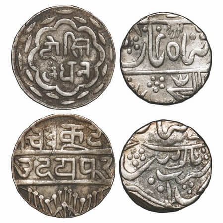 Mewar, Silver Rupee (2), Udaipur & Swarupshahi Series, INO Almgir II & "Dosti London" Type