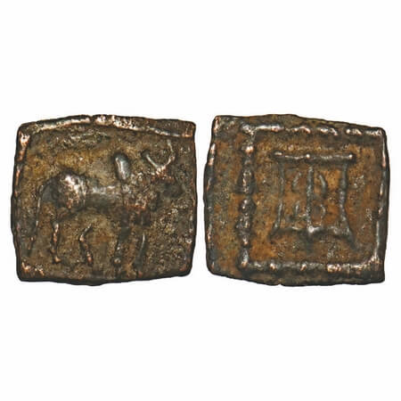 Indo-Greeks, Apollodotus II (c. 65-55 BC), Copper Square Chalkous, 01.43g, 11.99X13.01mm, 