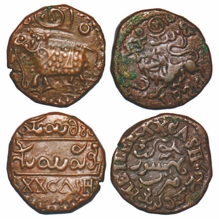 Mysore, Copper 20 Cash (2 Coins), 8.87g & 9.27g, Krishna Raja Wodeyar (c. 1810-1868 AD), 1