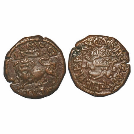 Mysore, Copper 20 Cash, 9.02g, Krishna Raja Wodeyar, 1816, Obv: Sardula to left, above kar