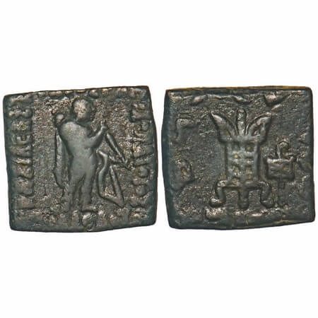 Indo-Greeks, Hippostratos (c. 80-60 BC), Square Copper, 4.86g, 15.40X16.32mm, Obv: Apollo 