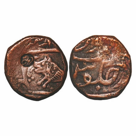 Ratlam, Copper Paisa, 13.59g, counter struck on Indore, Vagh Rajas, (Mahidpur) coin, Lion 