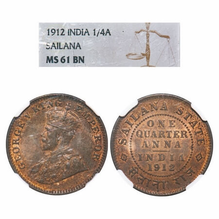 Sailana, Copper ¼ Anna, Jaswant Singh (1890-1919 AD), 1912 AD, bust of George V on obv. KM