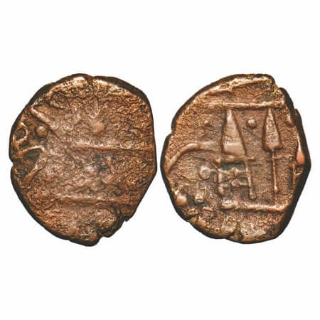 Sunth, Copper Paisa, 7.91g, Parmar Rulers, Rampur Mint, Obv: Dagger & Spear, Rev: rampur h