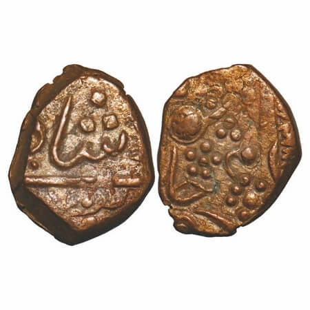 Sunth, Copper Paisa, 8.09g, Parmar Rulers, Rampur Mint, Obv: sword with paletted flowers. 