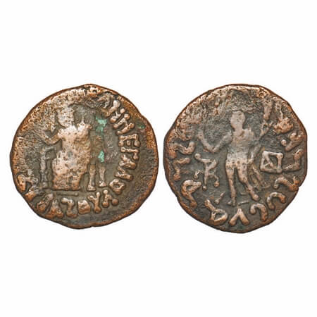 Indo-Scythians, Azes II, Copper Unit, 12.26g, 26.67X27.32mm, Obv: City goddess seated on a