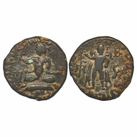 Indo-Scythians, Azes II, Copper Tetradrachm, 11.25g, 24.33X24.20mm, Taxilia, Obv: king sea