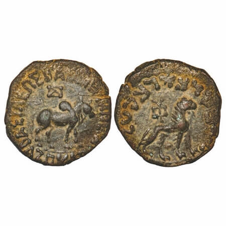 Indo-Scythians, Azes II, Copper Tetradrachm, 13.92g, 26.69X26.96mm, Obv: Humped bull stand